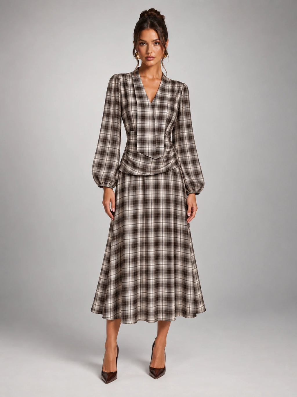 Women's Check V-Neck Ruched Midi Dress – Long Sleeve in Coffee Grey Check — front view