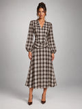 Women's Check V-Neck Ruched Midi Dress – Long Sleeve in Coffee Grey Check — front view