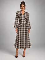 Women's Check V-Neck Ruched Midi Dress – Long Sleeve in Coffee Grey Check — front view