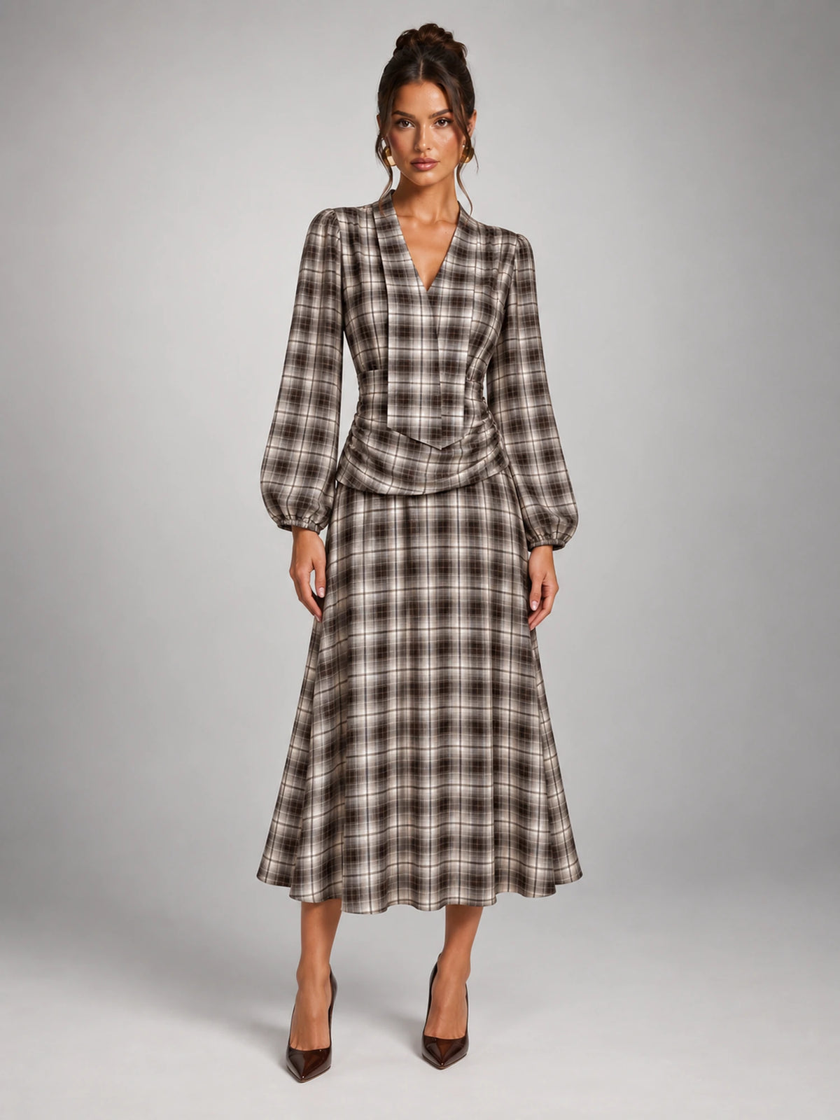 Women's Check V-Neck Ruched Midi Dress – Long Sleeve in Coffee Grey Check — front view