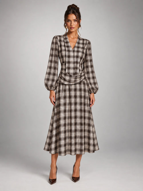 Women's Check V-Neck Ruched Midi Dress – Long Sleeve in Coffee Grey Check — front view