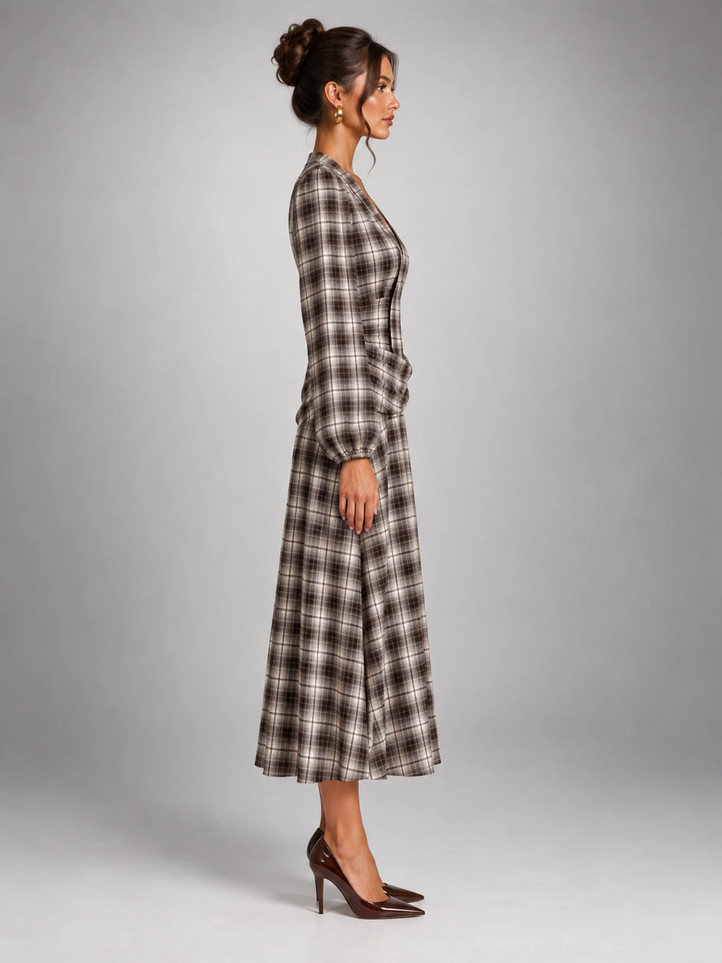 Women's Check V-Neck Ruched Midi Dress – Long Sleeve in Coffee Grey Check — side view