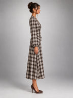 Women's Check V-Neck Ruched Midi Dress – Long Sleeve in Coffee Grey Check — side view