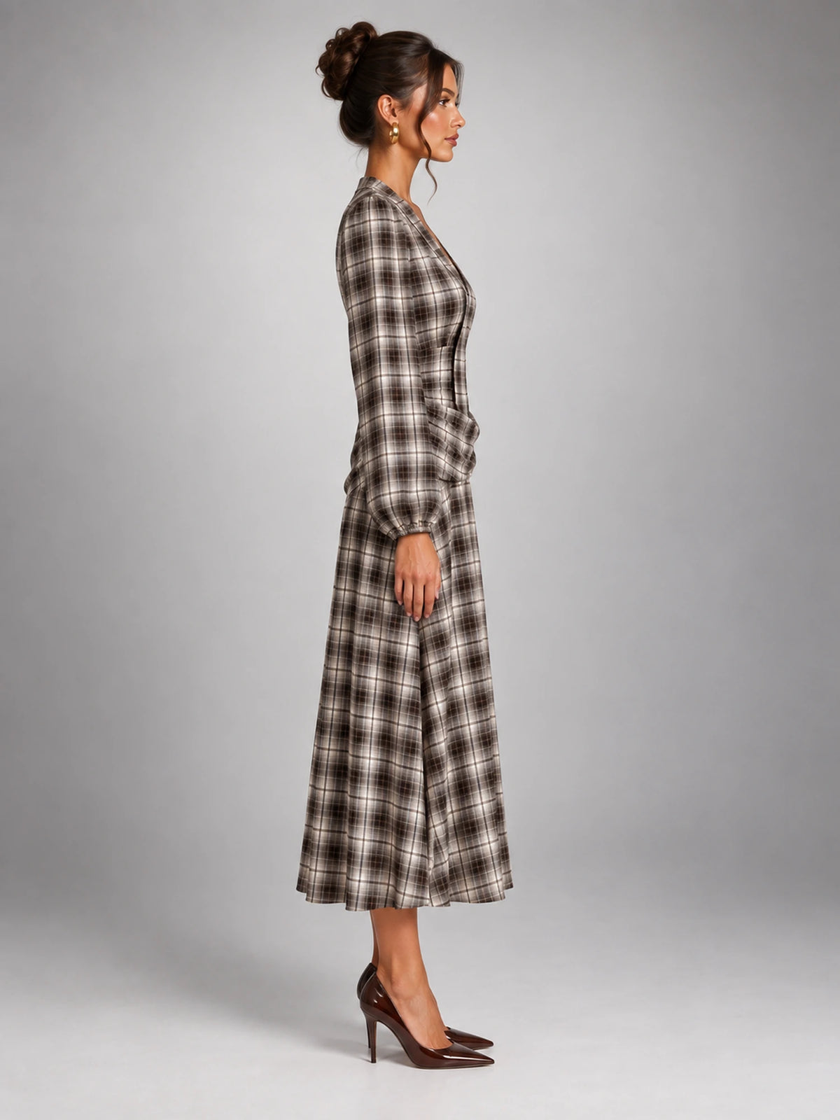 Women's Check V-Neck Ruched Midi Dress – Long Sleeve in Coffee Grey Check — side view