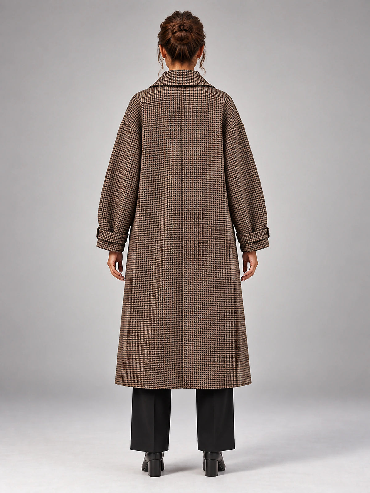 Women's Check Wool Blend Coat – Longline Belted in Check — back view