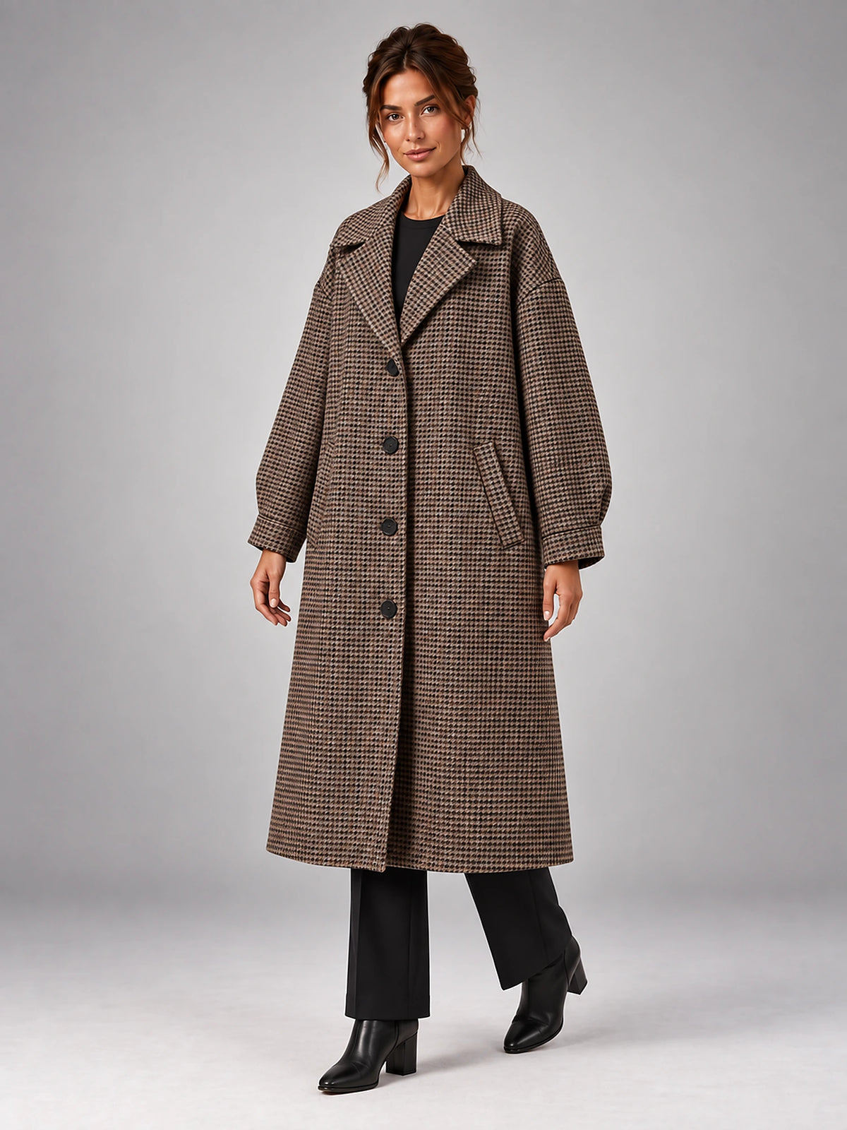 Women's Check Wool Blend Coat – Longline Belted in Check — alternate view