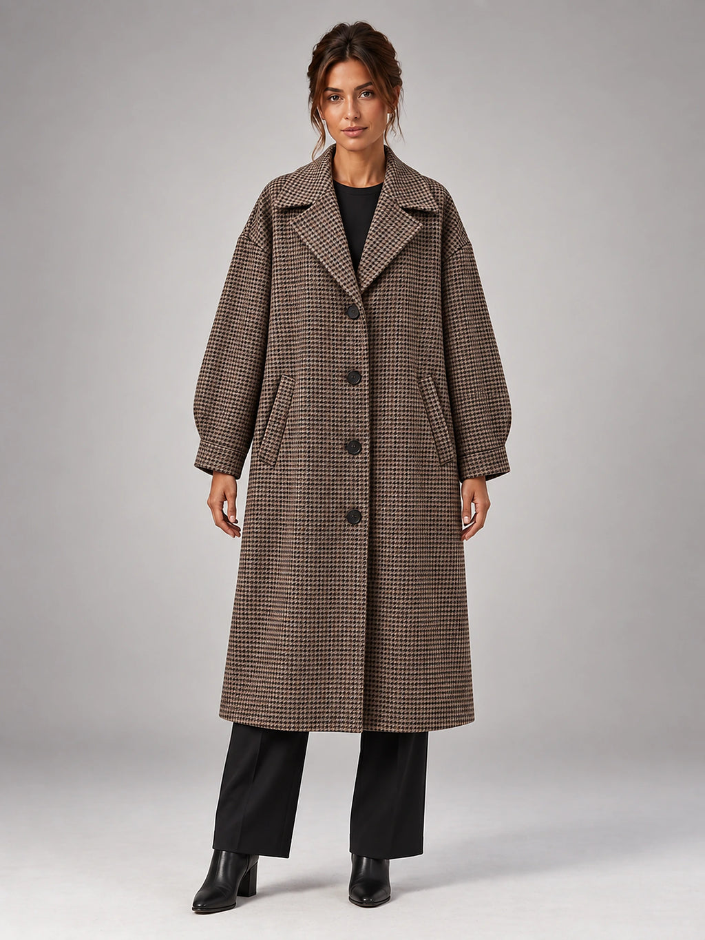Women's Check Wool Blend Coat – Longline Belted in Check — front view