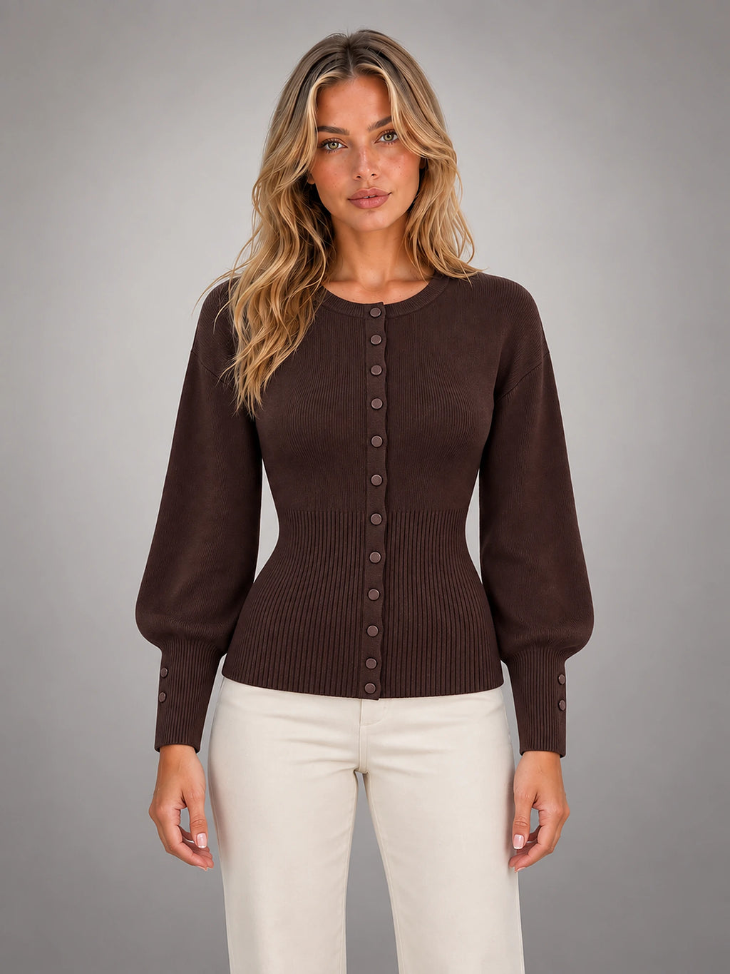 Women's Crew Neck Knit Cardigan – Classic Button-Up in Brown — front view