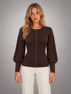 Women's Crew Neck Knit Cardigan – Classic Button-Up in Brown — front view