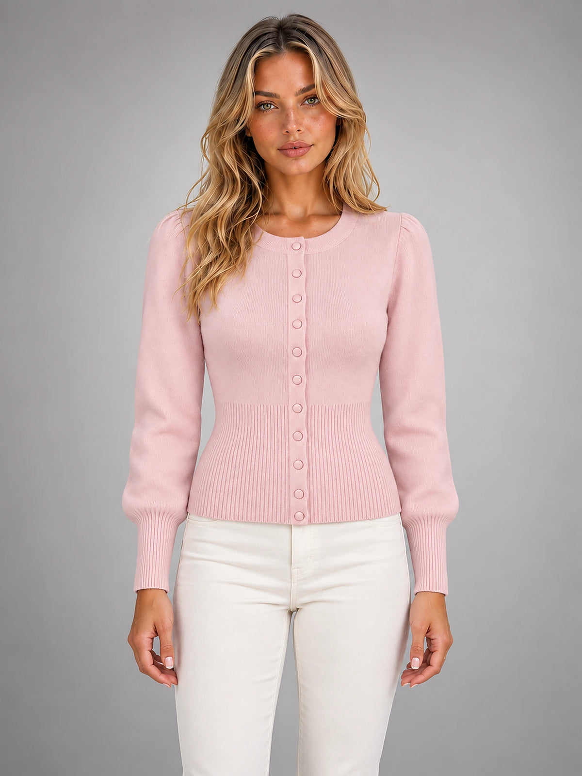 Women's Crew Neck Knit Cardigan – Classic Button-Up in Pink — front view