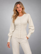 Women's Crew Neck Knit Cardigan – Classic Button-Up in White — alternate view