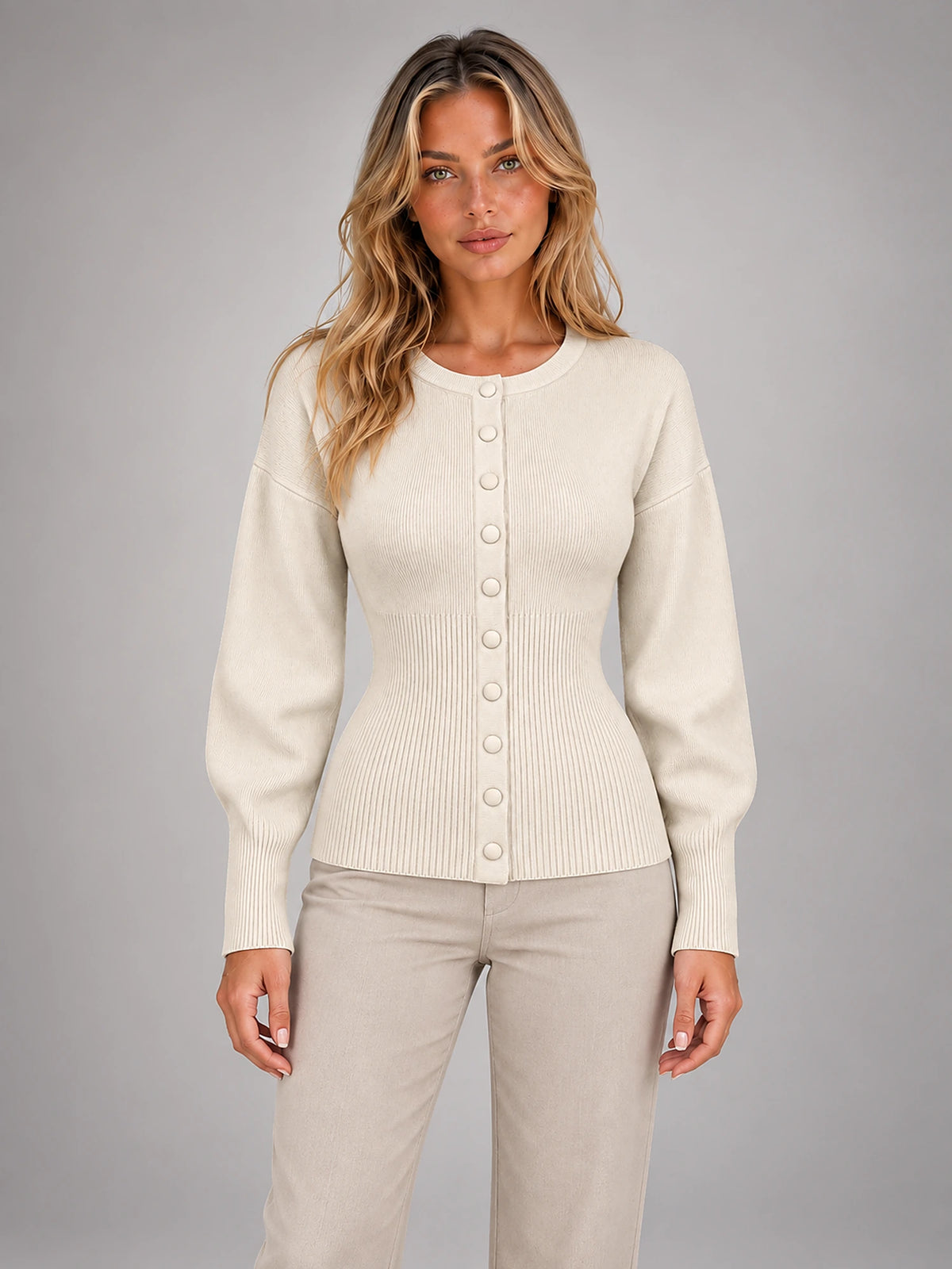 Women's Crew Neck Knit Cardigan – Classic Button-Up in White — front view