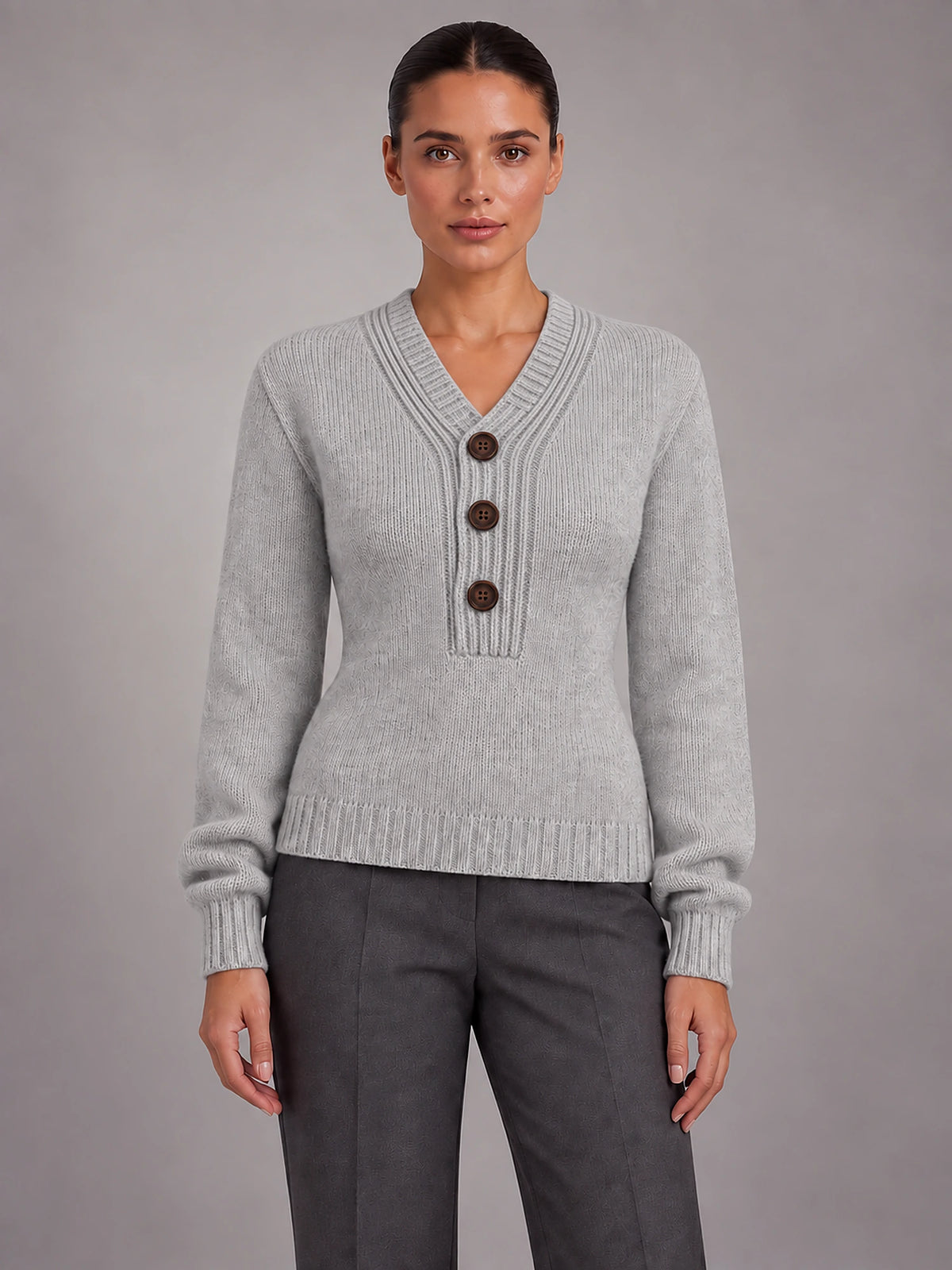 Women's Crew Neck Knitted Jumper – Classic Slim Fit in Grey — front view