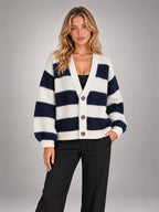 Women's Striped Knit Cardigan – V-Neck Button Front in Navy/Cream Stripe — alternate view