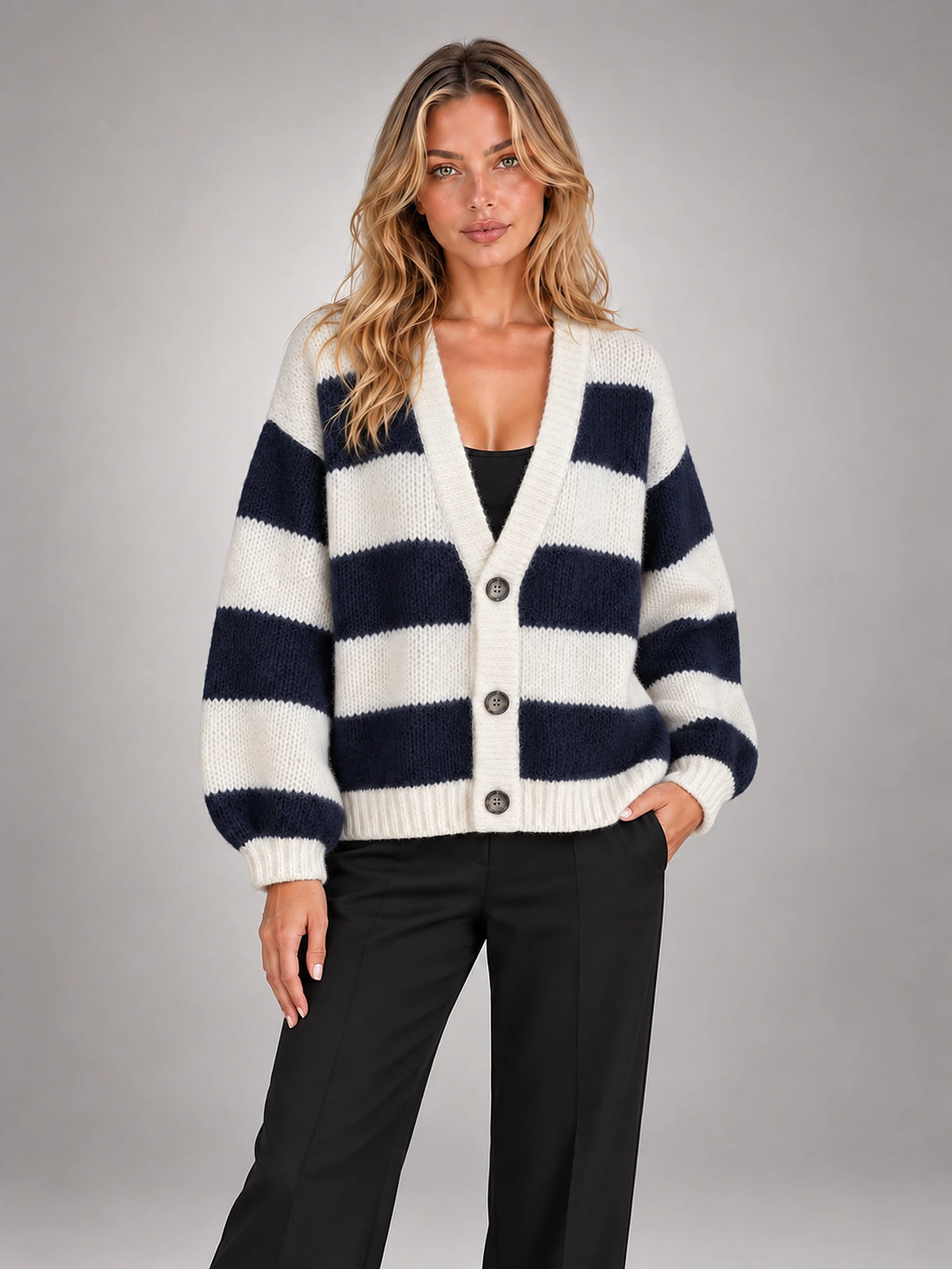 Women's Striped Knit Cardigan – V-Neck Button Front in Navy/Cream Stripe — alternate view