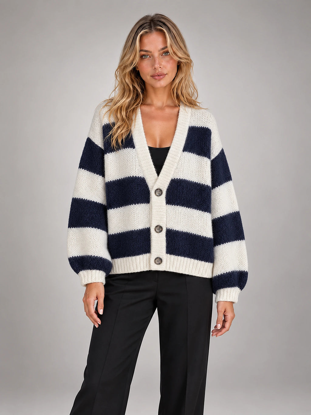 Women's Striped Knit Cardigan – V-Neck Button Front in Navy/Cream Stripe — front view
