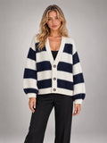 Women's Striped Knit Cardigan – V-Neck Button Front in Navy/Cream Stripe — front view