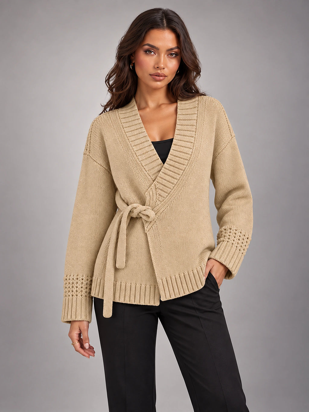 Women's Tie-Front Knit Cardigan – Cropped V-Neck in Camel — alternate view