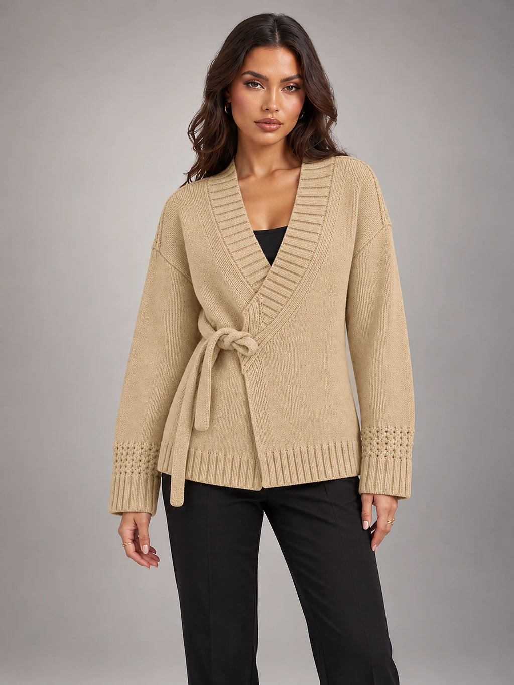 Women's Tie-Front Knit Cardigan – Cropped V-Neck in Camel — front view