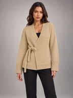 Women's Tie-Front Knit Cardigan – Cropped V-Neck in Camel — front view