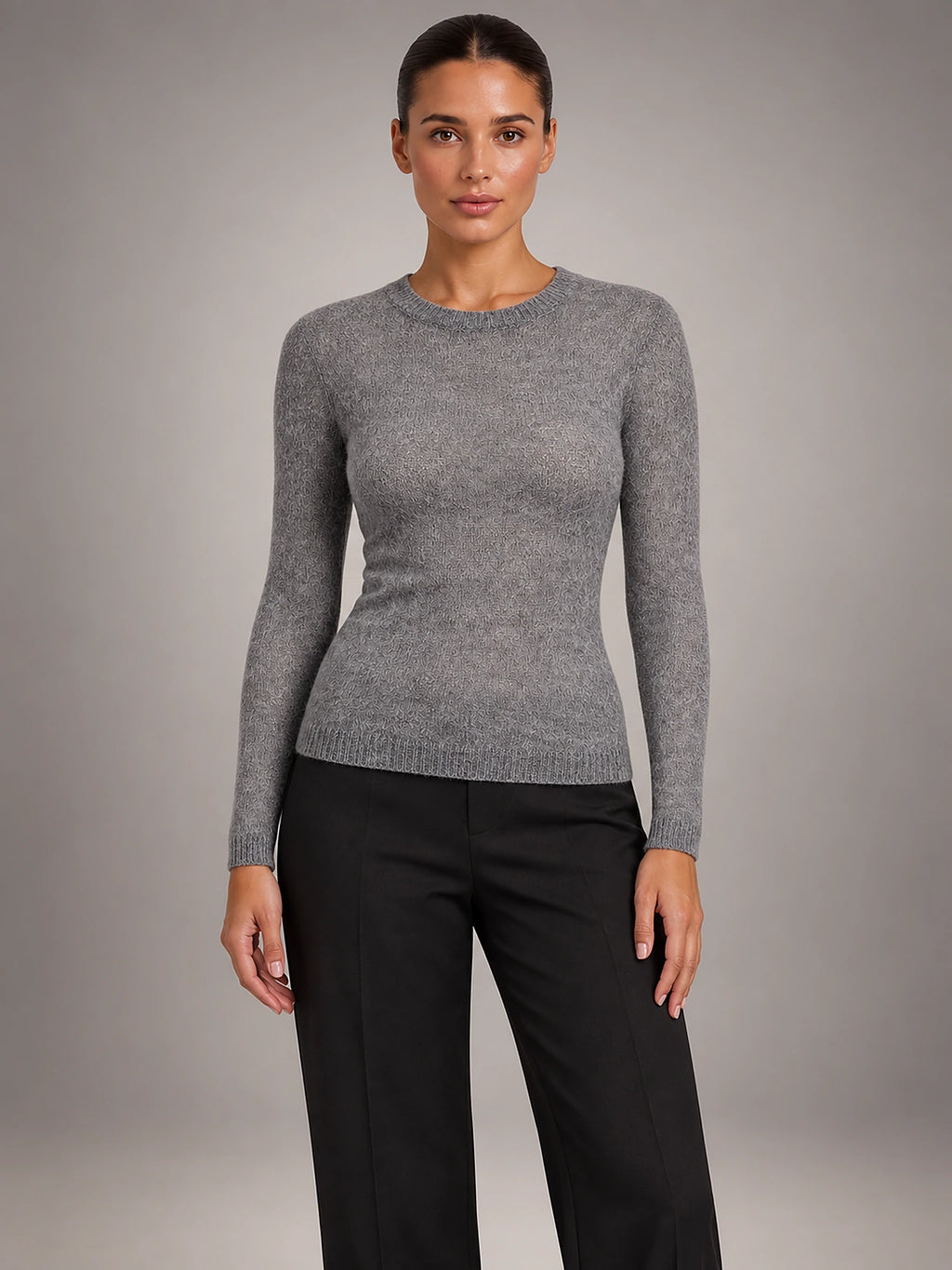 Women's Fitted Crew Neck Jumper – Long Sleeve in Grey — front view