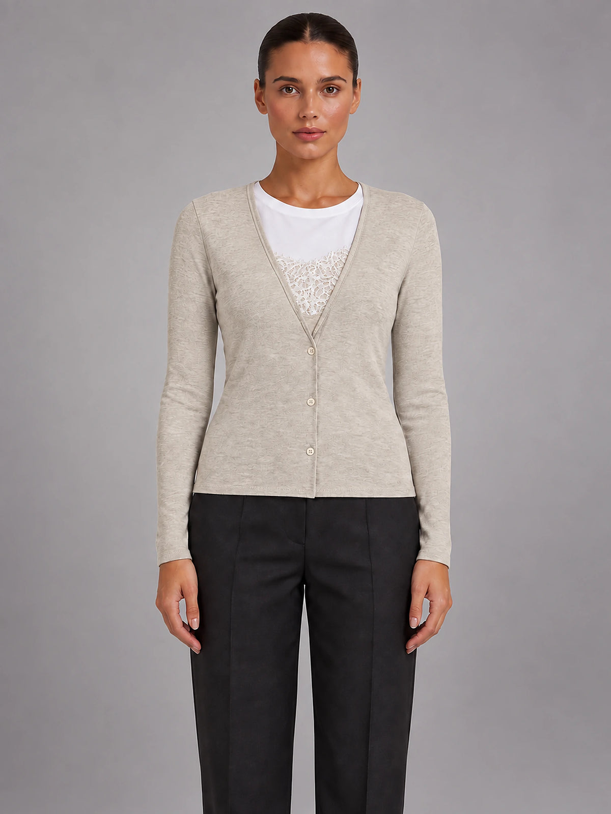 Women's Cropped Lace Knit Cardigan – V-Neck Button Front in Beige — front view
