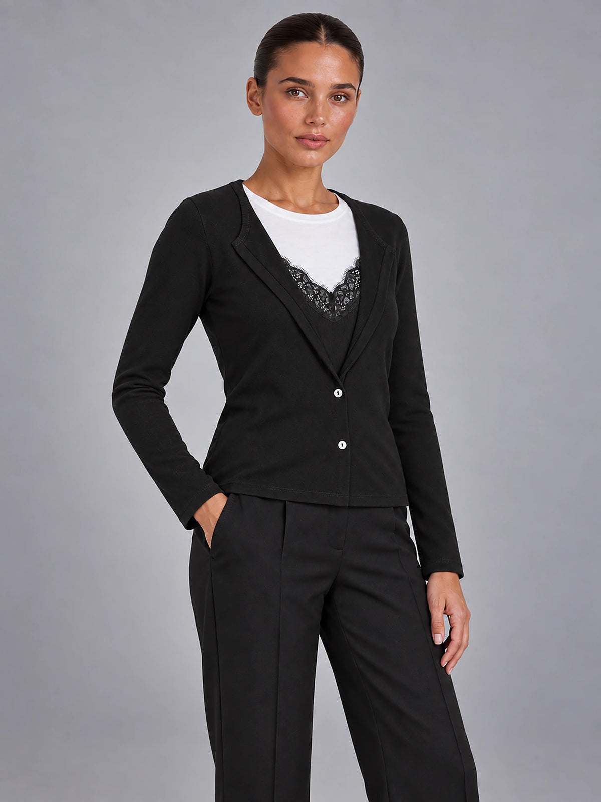 Women's Cropped Lace Knit Cardigan – V-Neck Button Front in Black — alternate view