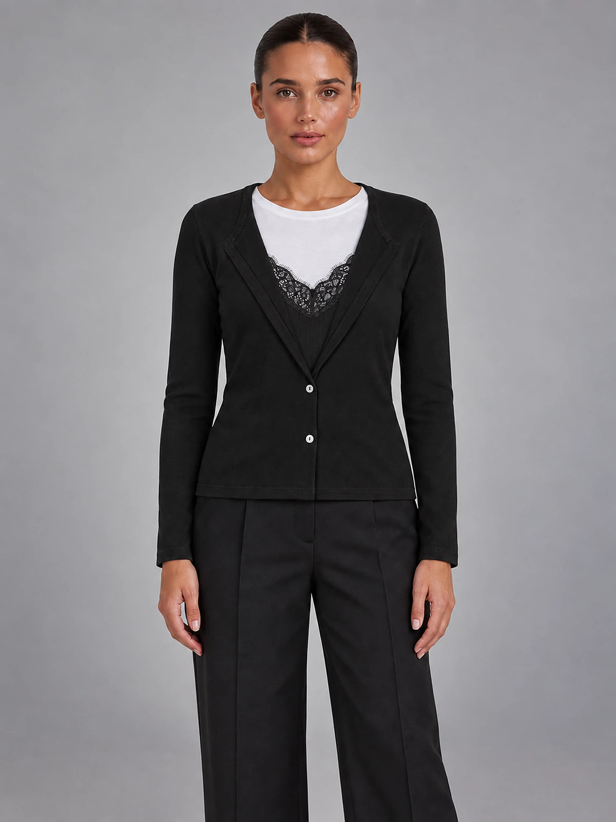Women's Cropped Lace Knit Cardigan – V-Neck Button Front in Black — front view
