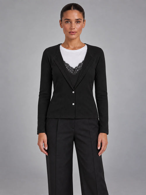 Women's Cropped Lace Knit Cardigan – V-Neck Button Front in Black — front view