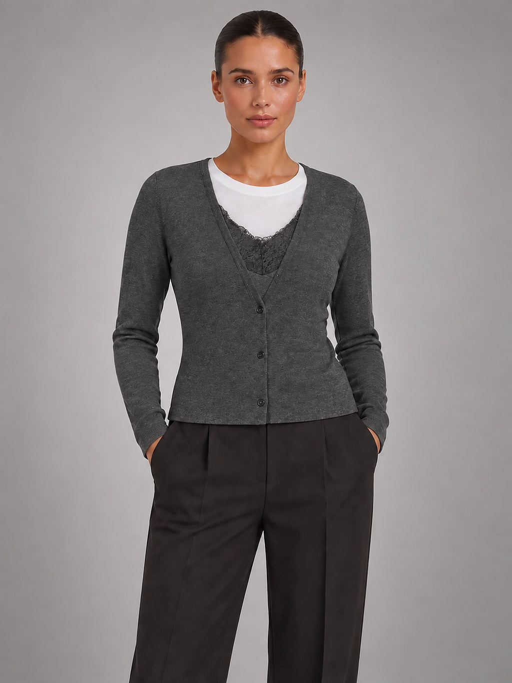 Women's Cropped Lace Knit Cardigan – V-Neck Button Front in Dark Grey — front view