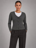 Women's Cropped Lace Knit Cardigan – V-Neck Button Front in Dark Grey — front view