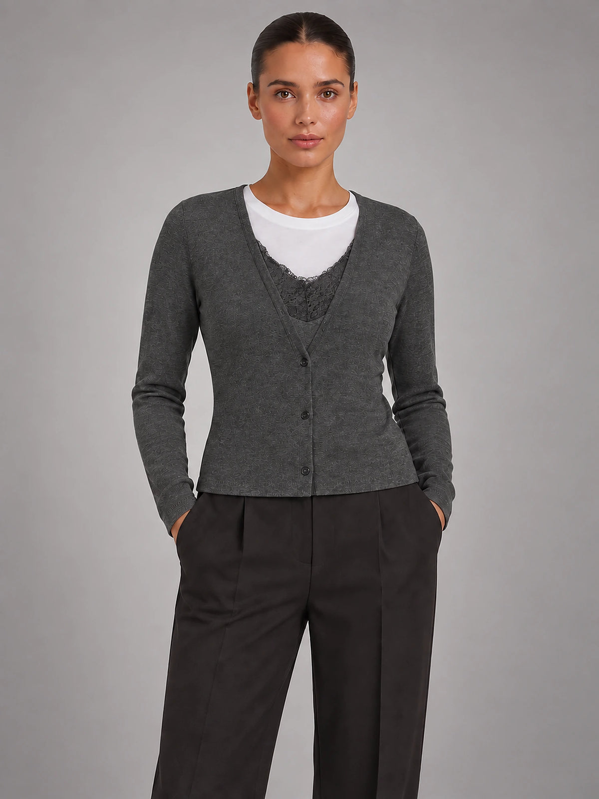 Women's Cropped Lace Knit Cardigan – V-Neck Button Front in Dark Grey — front view