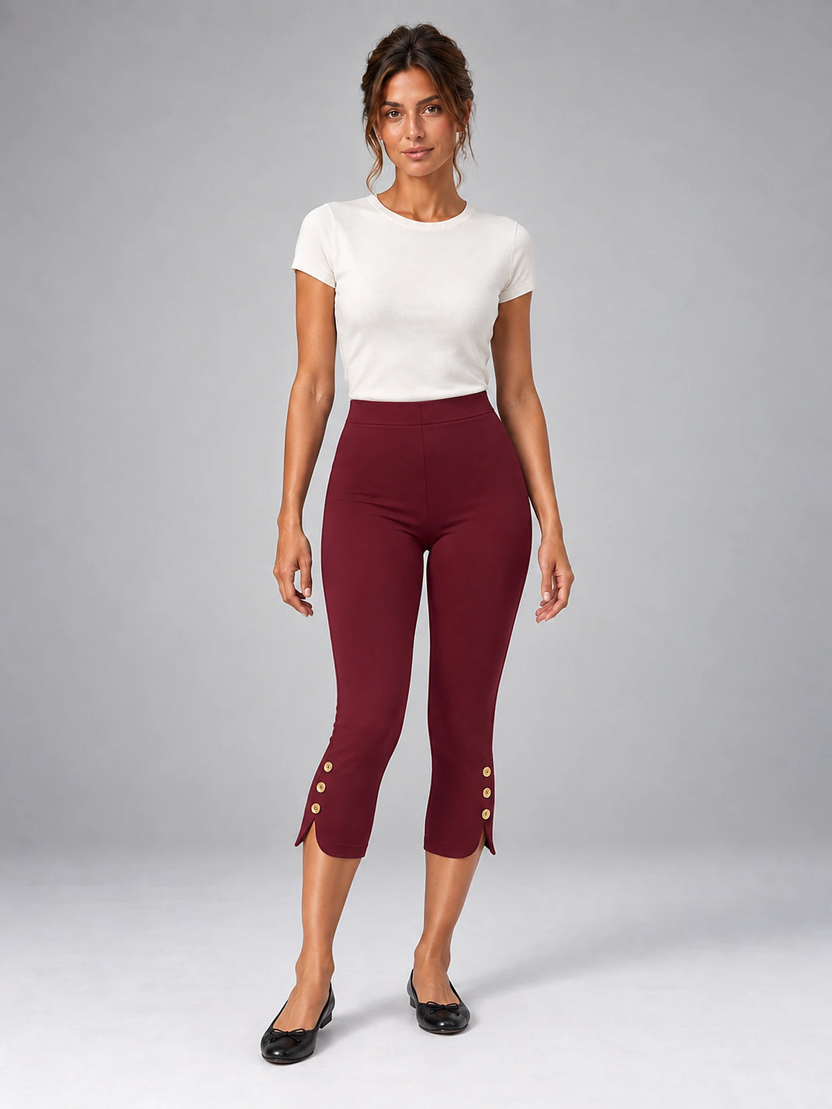 Women's Cropped Leggings – Button Detail High Waist in A82 Wine Red — front view