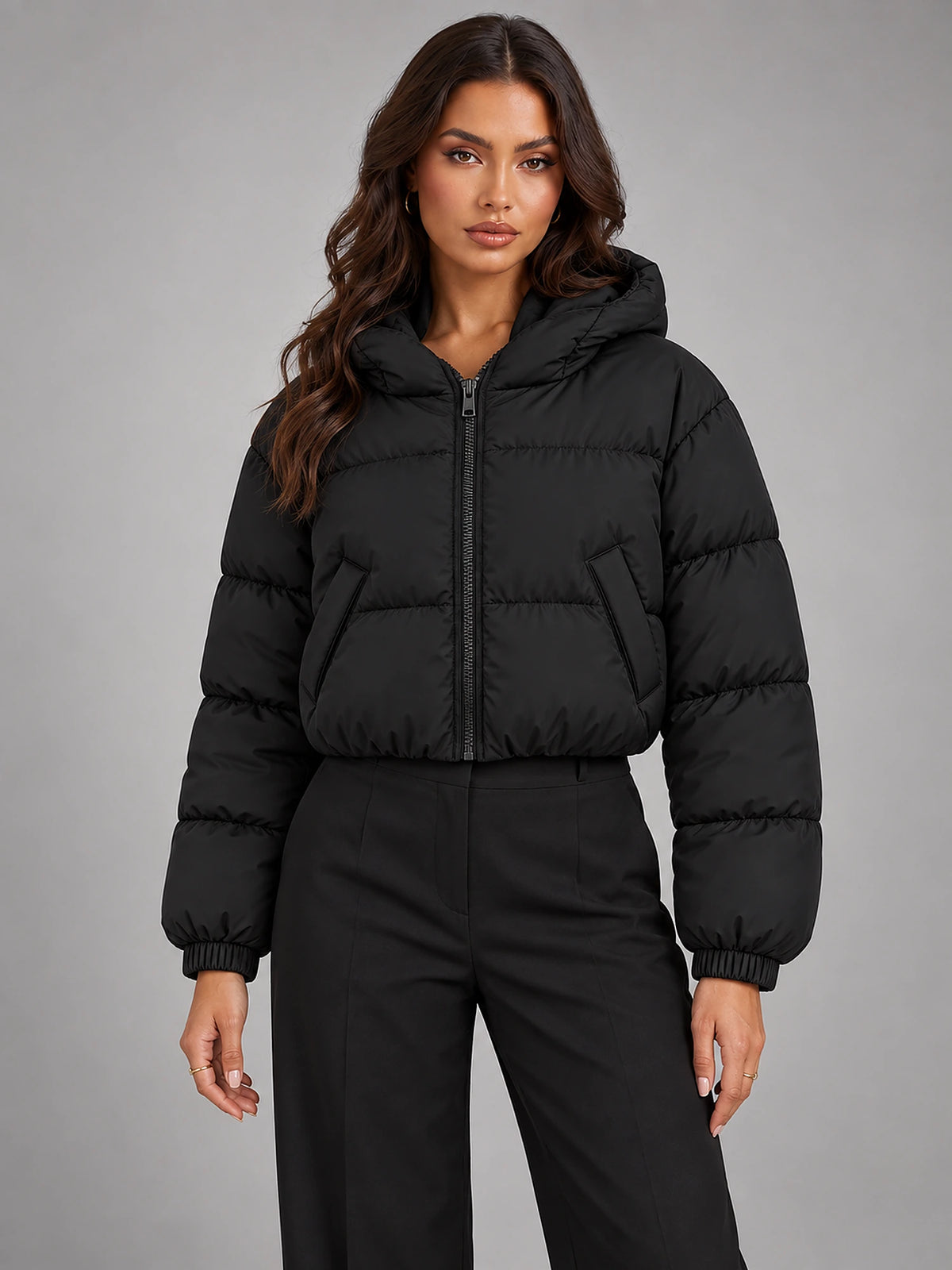 Women's Cropped Puffer Jacket – Quilted Stand Collar
