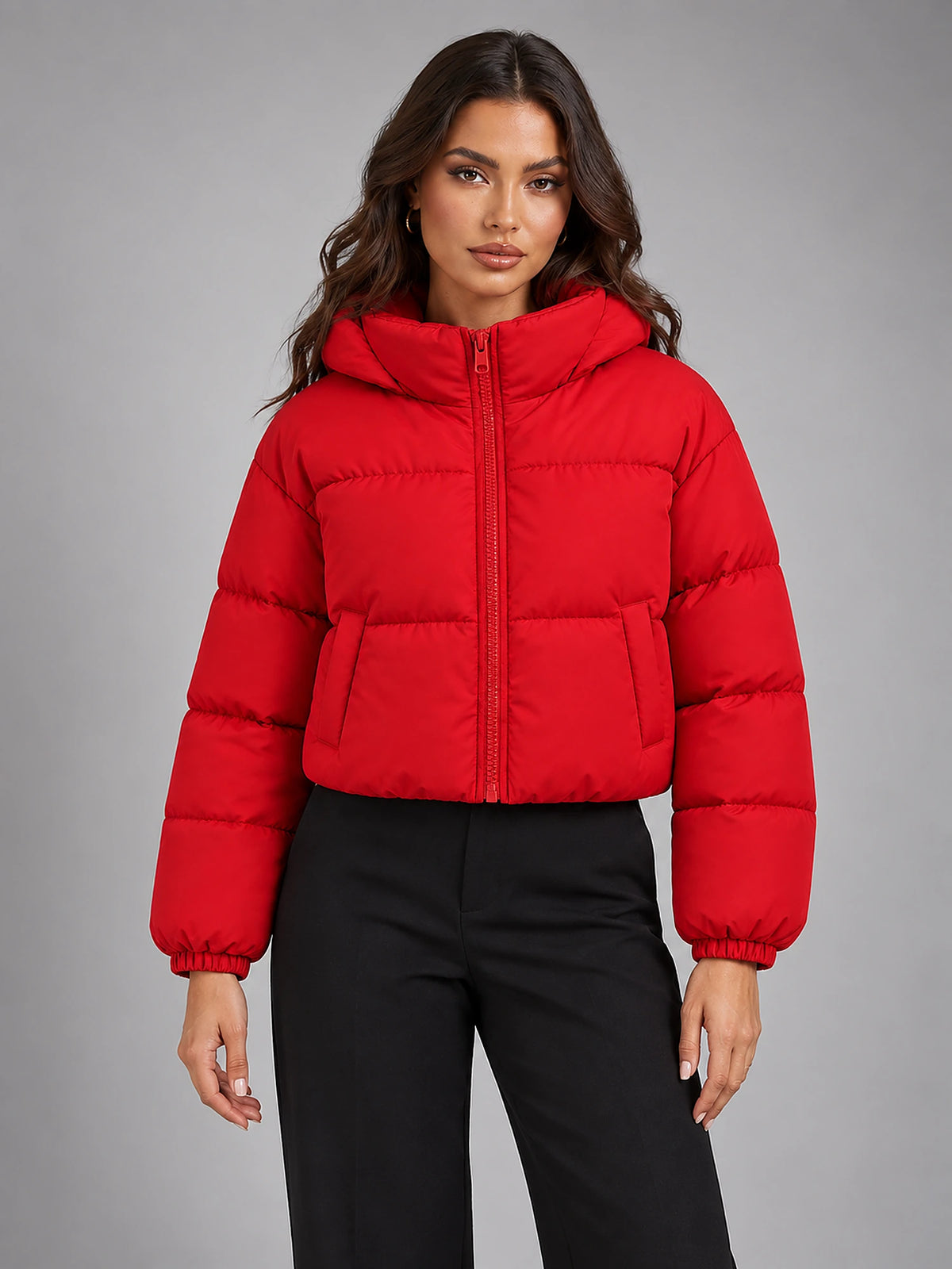 Women's Cropped Puffer Jacket – Quilted Stand Collar