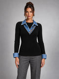 Women's Denim Patchwork Jumper – V-Neck Layered Look in Black — front view