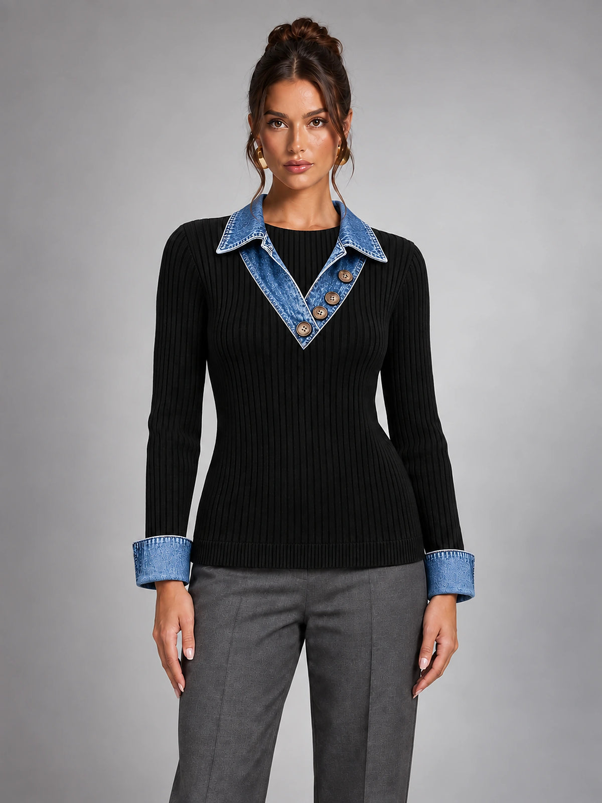 Women's Denim Patchwork Jumper – V-Neck Layered Look in Black — front view