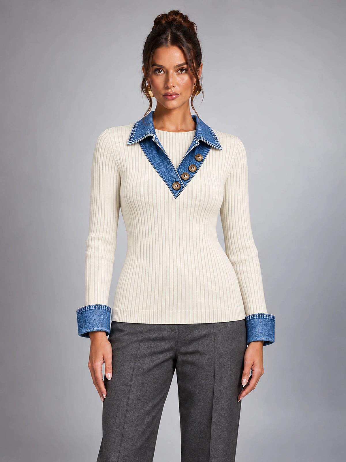 Women's Denim Patchwork Jumper – V-Neck Layered Look in Off White — front view