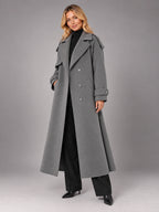 Women's Double-Breasted Longline Coat – Tie Belt Lapel in Dark Grey — alternate view