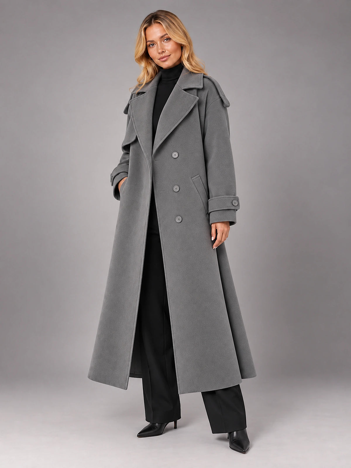 Women's Double-Breasted Longline Coat – Tie Belt Lapel in Dark Grey — alternate view