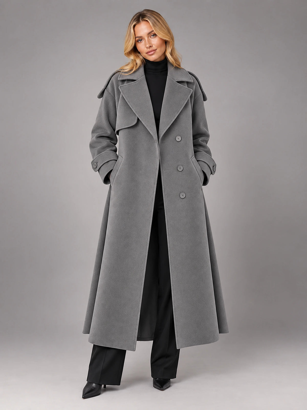 Women's Double-Breasted Longline Coat – Tie Belt Lapel in Dark Grey — front view