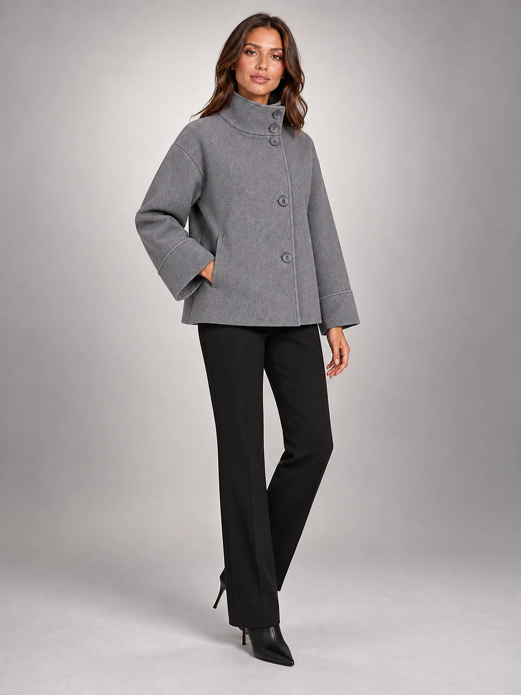 Women's Double-Breasted Longline Coat – Tie Belt Lapel in Grey — alternate view