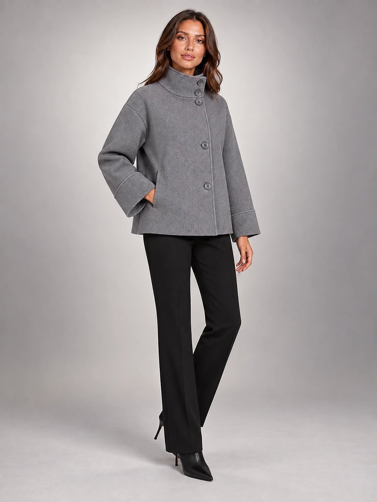 Women's Double-Breasted Longline Coat – Tie Belt Lapel in Grey — alternate view