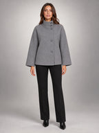 Women's Double-Breasted Longline Coat – Tie Belt Lapel in Grey — front view