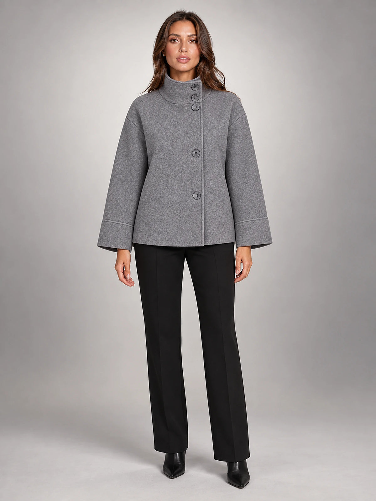 Women's Double-Breasted Longline Coat – Tie Belt Lapel in Grey — front view