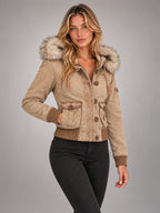 Women's Embroidered Hooded Jacket – Zip-Up Slim Fit in Tan — alternate view