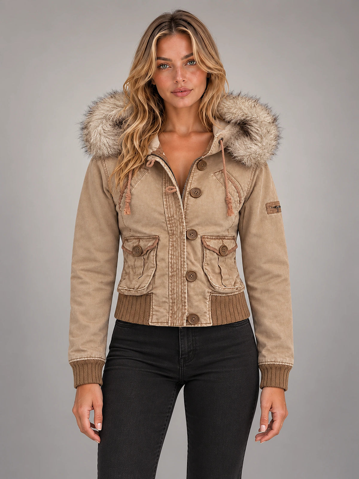 Women's Embroidered Hooded Jacket – Zip-Up Slim Fit in Tan — front view