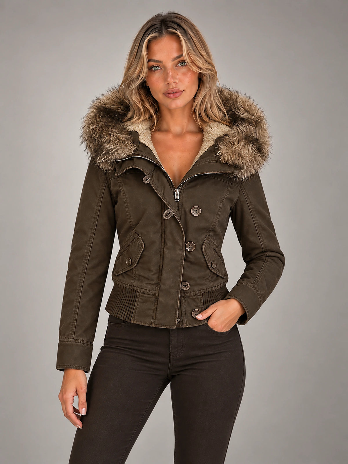 Women's Embroidered Hooded Jacket – Zip-Up Slim Fit in Dark Brown — alternate view