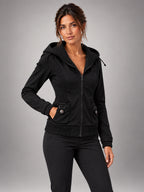Women's Embroidered Hooded Jacket – Zip-Up Slim Fit in Black — alternate view
