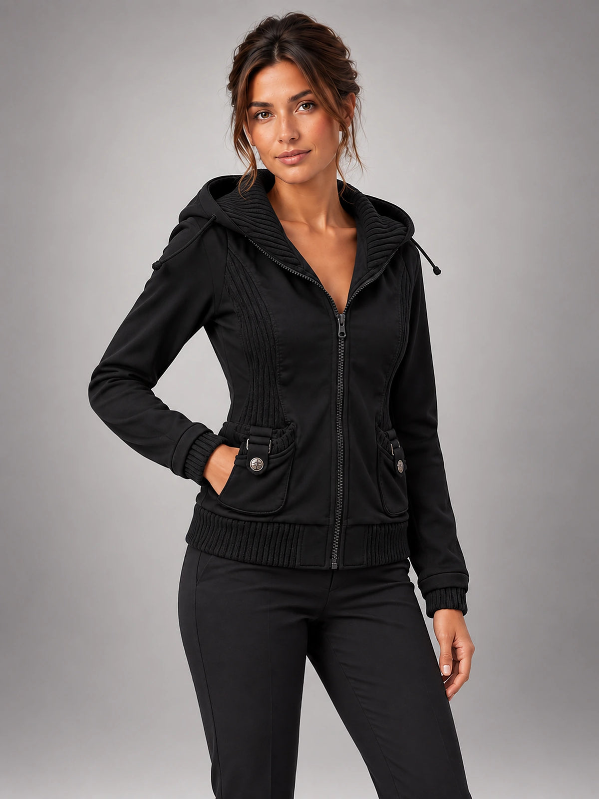 Women's Embroidered Hooded Jacket – Zip-Up Slim Fit in Black — alternate view